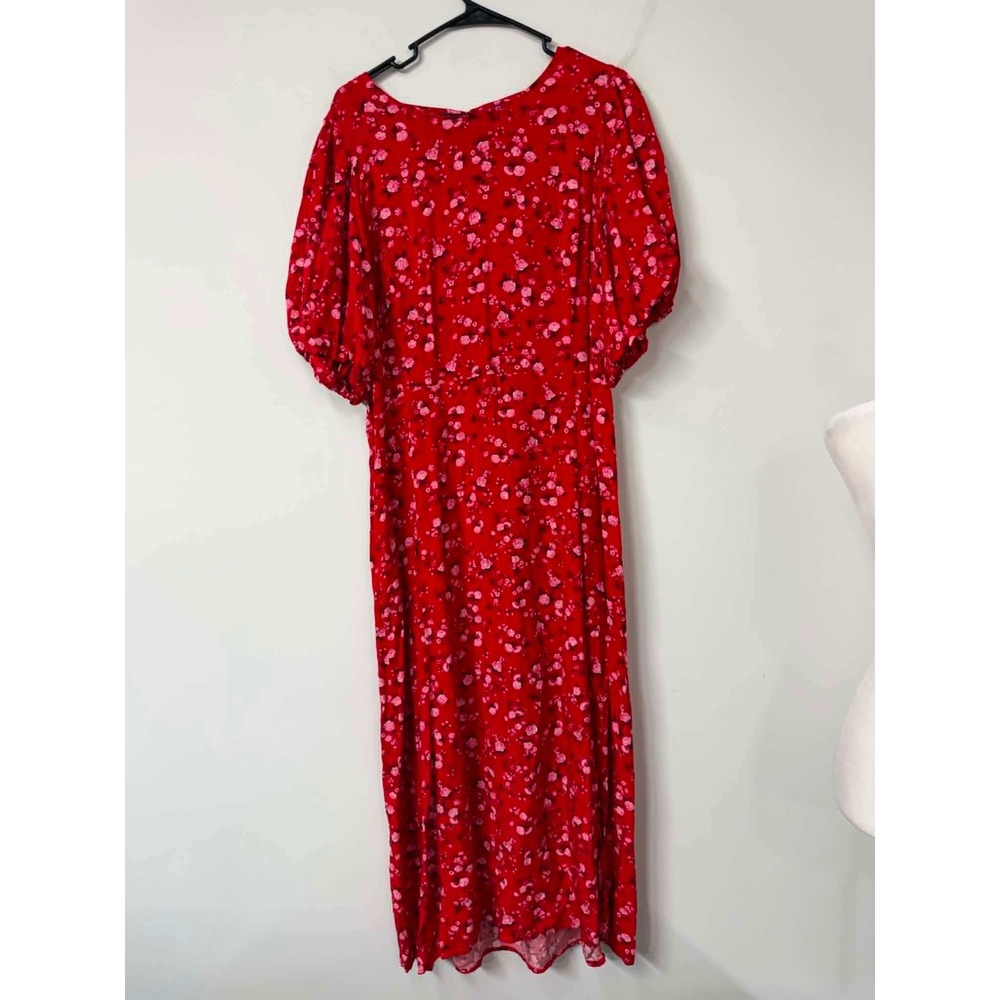 Old Navy Red Floral Puff Sleeve Midi Dress XXL Smocked Back Keyhole Cutout
